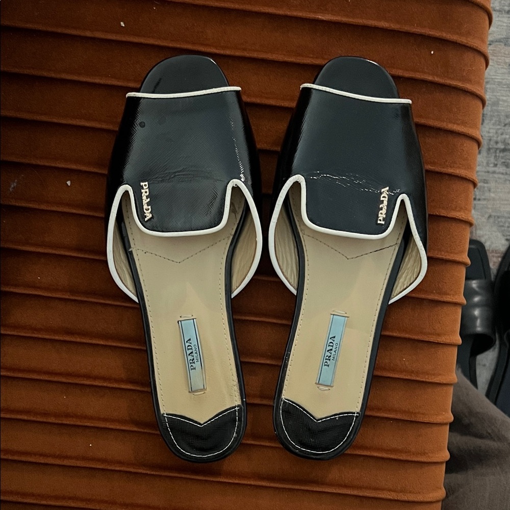 Prada Black and Cream Women's Mules